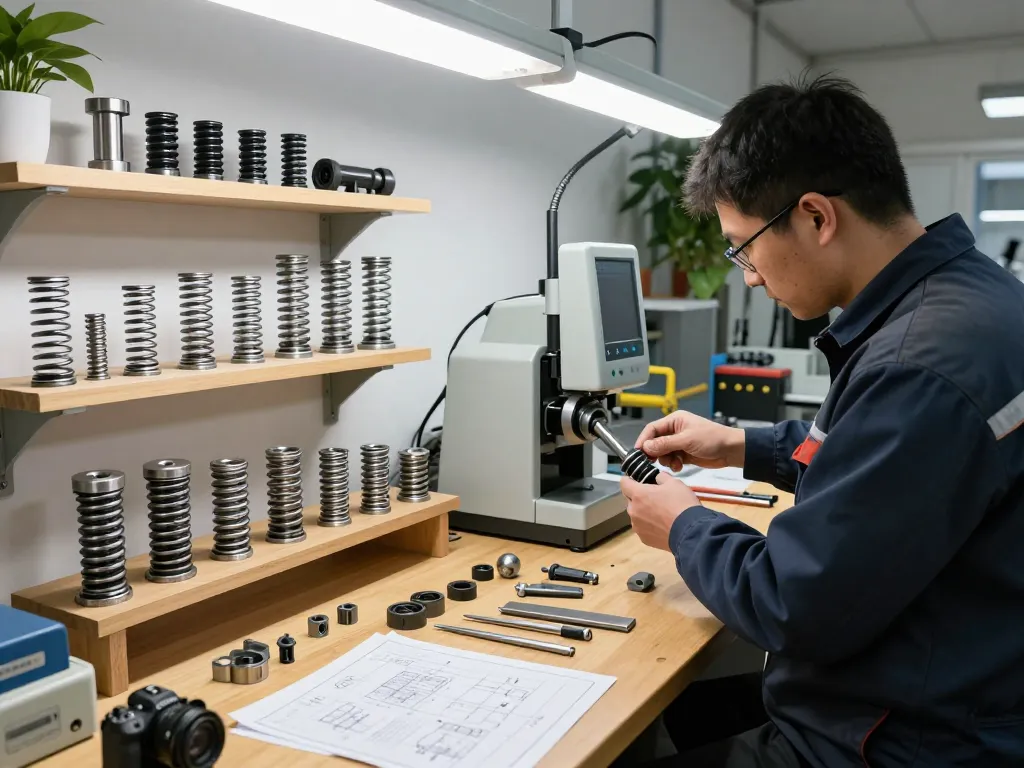 Mani ajustând mașinile pentru producerea 'arcuri compresie' într-un atelier industrial luminos.