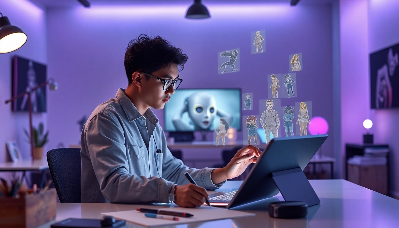 Dynamic scene of a digital artist creating NSFW character AI designs in a modern studio.