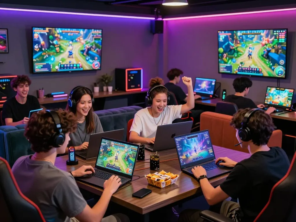 Exciting scene of diverse gamers enjoying sex games online in a vibrant gaming lounge.