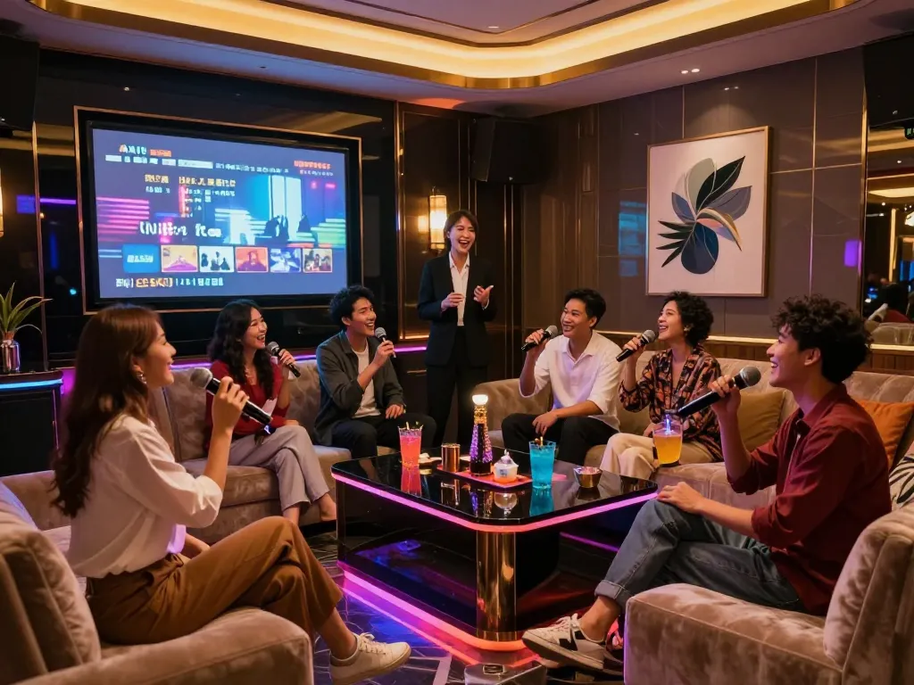 Friends enjoying karaoke at www.gangnamtune.com, showcasing a luxurious evening atmosphere with vibrant lighting and engaging entertainment.