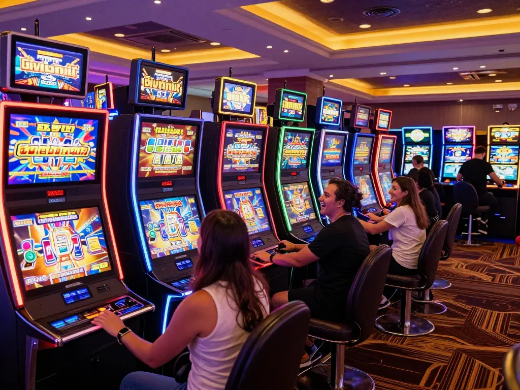 Players enjoying the excitement of slot machines in a vibrant casino atmosphere, celebrating wins.