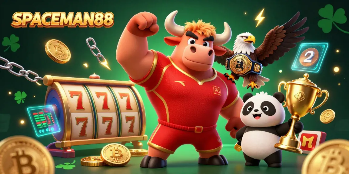 SPACEMAN88 offers a vibrant gaming experience featuring a bull mascot, eagle, and panda amidst winning symbols.