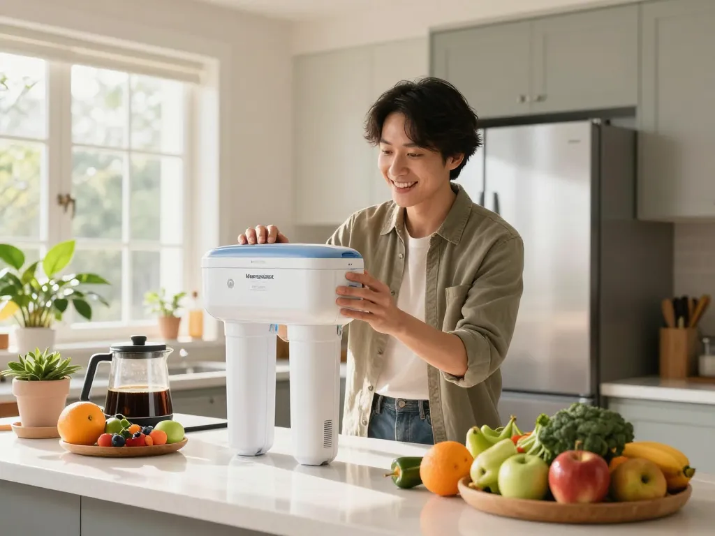 Homeowner inspecting Waterspecialist Replacement for GE® RPWFE® water filter in a bright kitchen filled with fresh produce.
