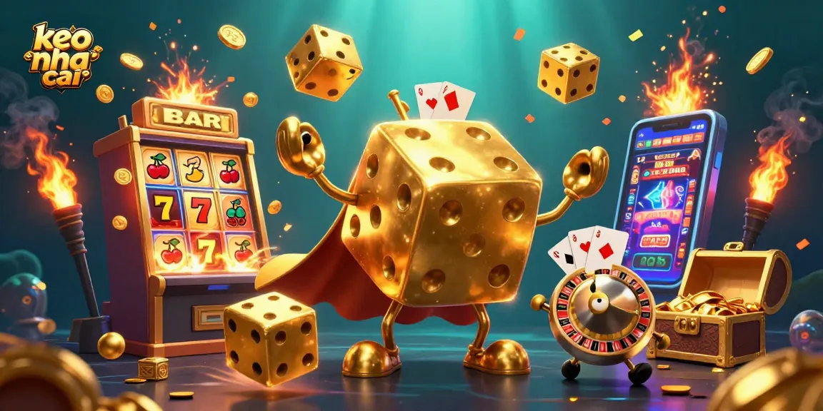 Engage with keo nha cai in this vibrant gambling scene featuring golden dice and slot machines.