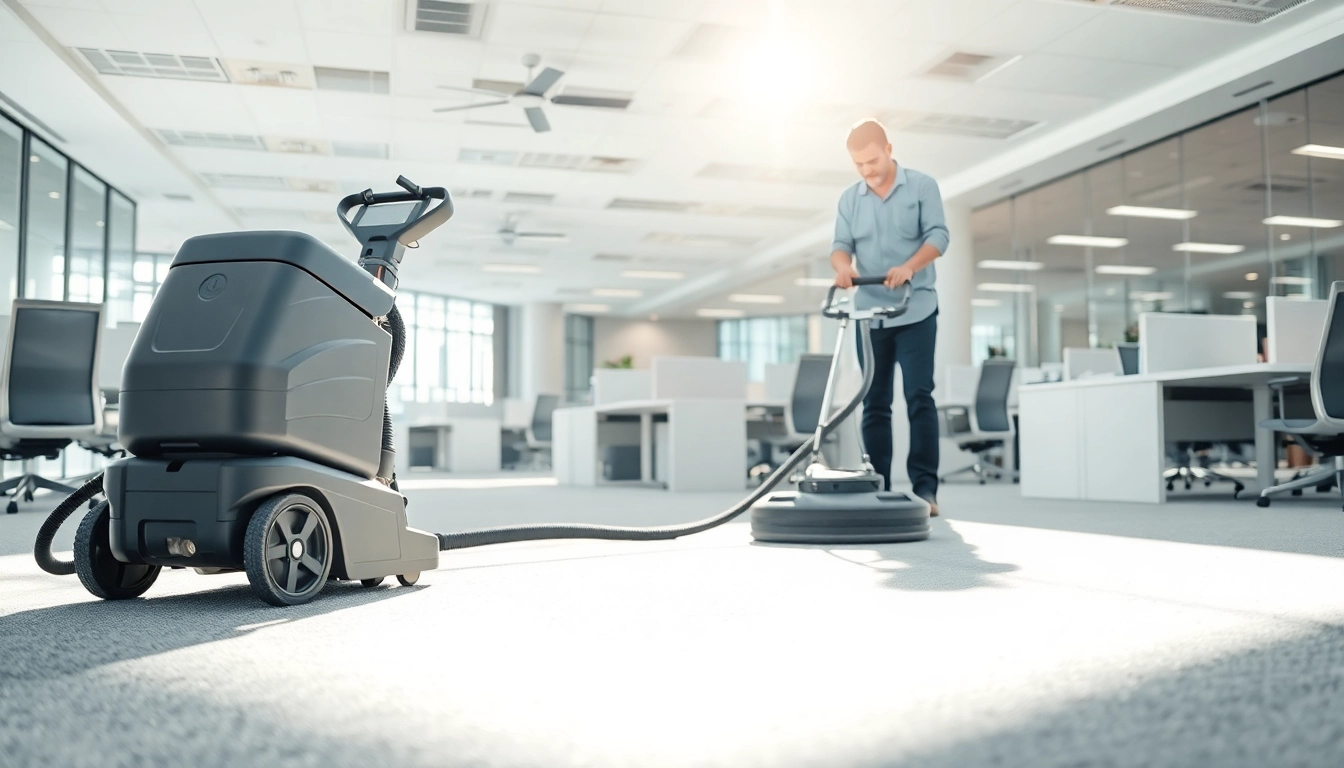 Cleaning action with commercial carpet cleaners in a bright office environment enhancing cleanliness.