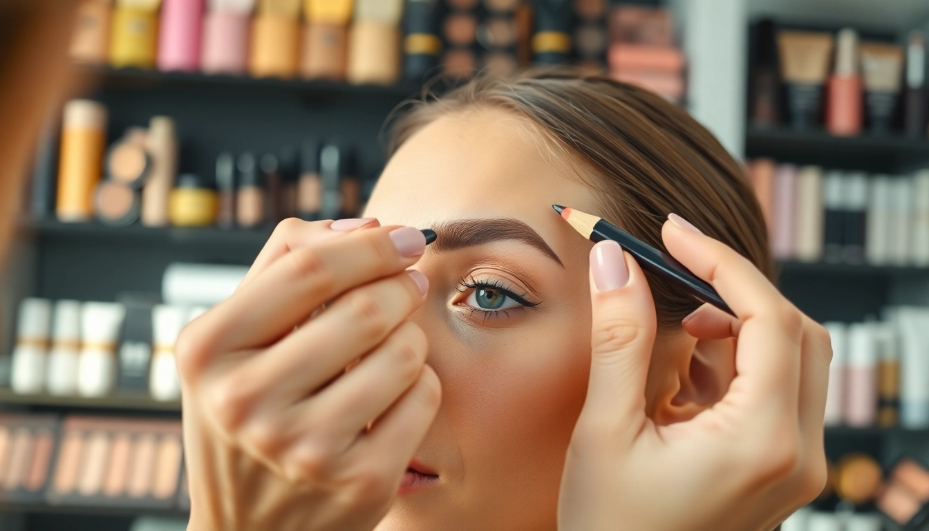 Applying pencil eyebrows to enhance a model's look with precision.