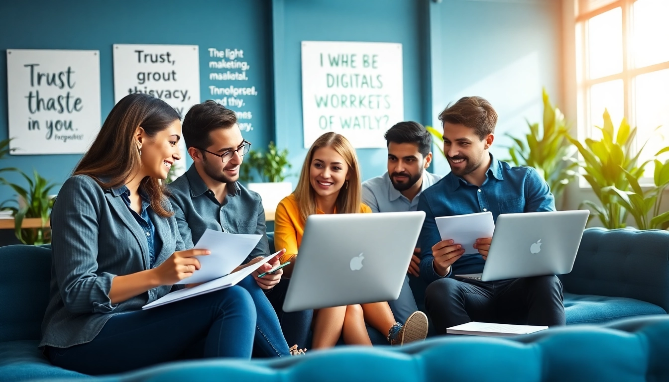Social media agency team strategizing on digital marketing in a vibrant office