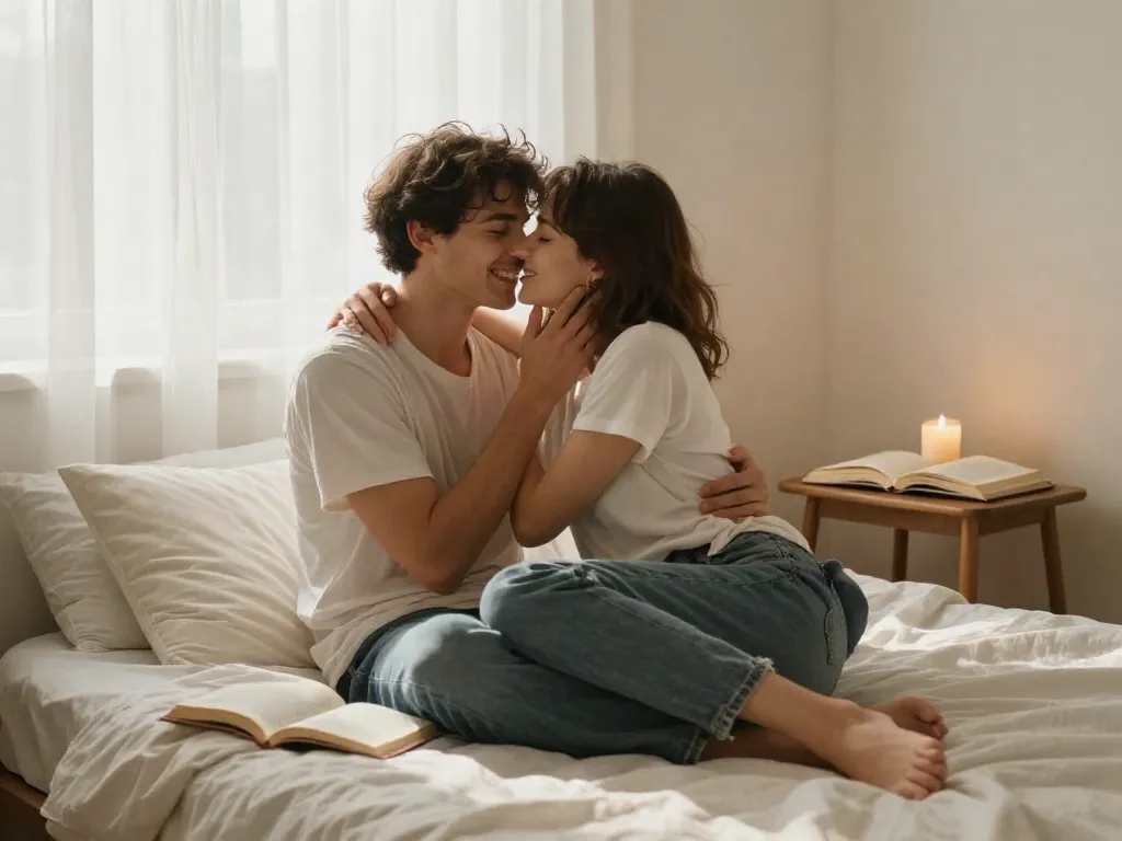 Young couple enjoying playful intimacy in cozy bedroom, stepsis porn theme.