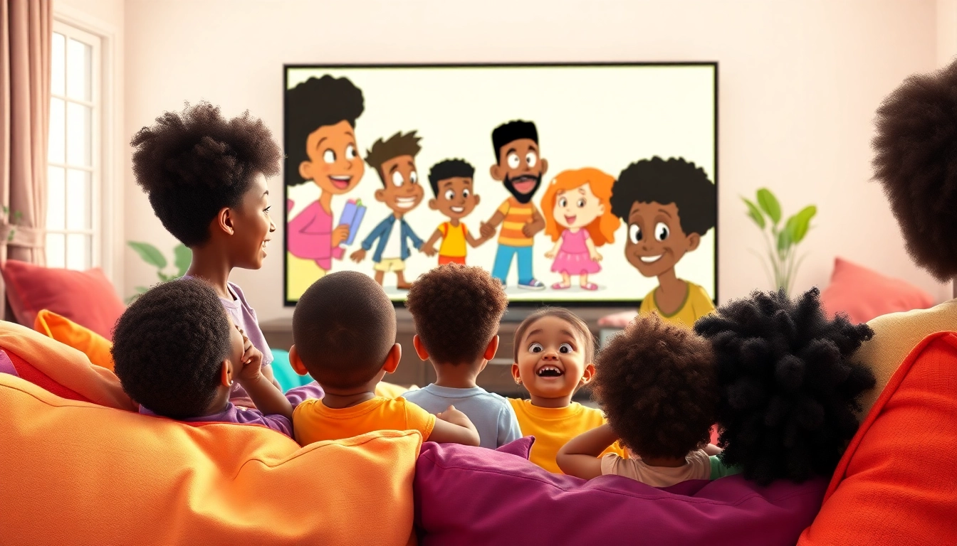 A group of children enjoying African American cartoons in a lively living room setting.