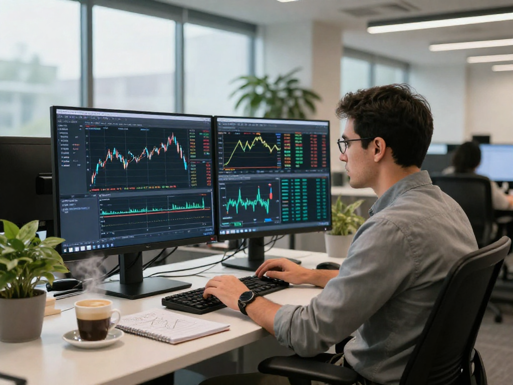 Trader using MetaTrader 5 for market analysis in a modern office setting.