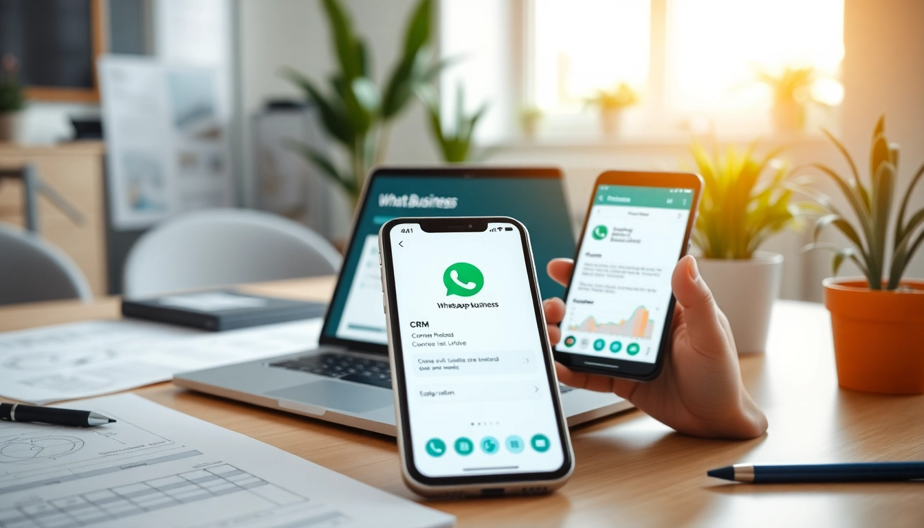 Showcasing WhatsApp Business CRM interface on a laptop in a professional workspace.