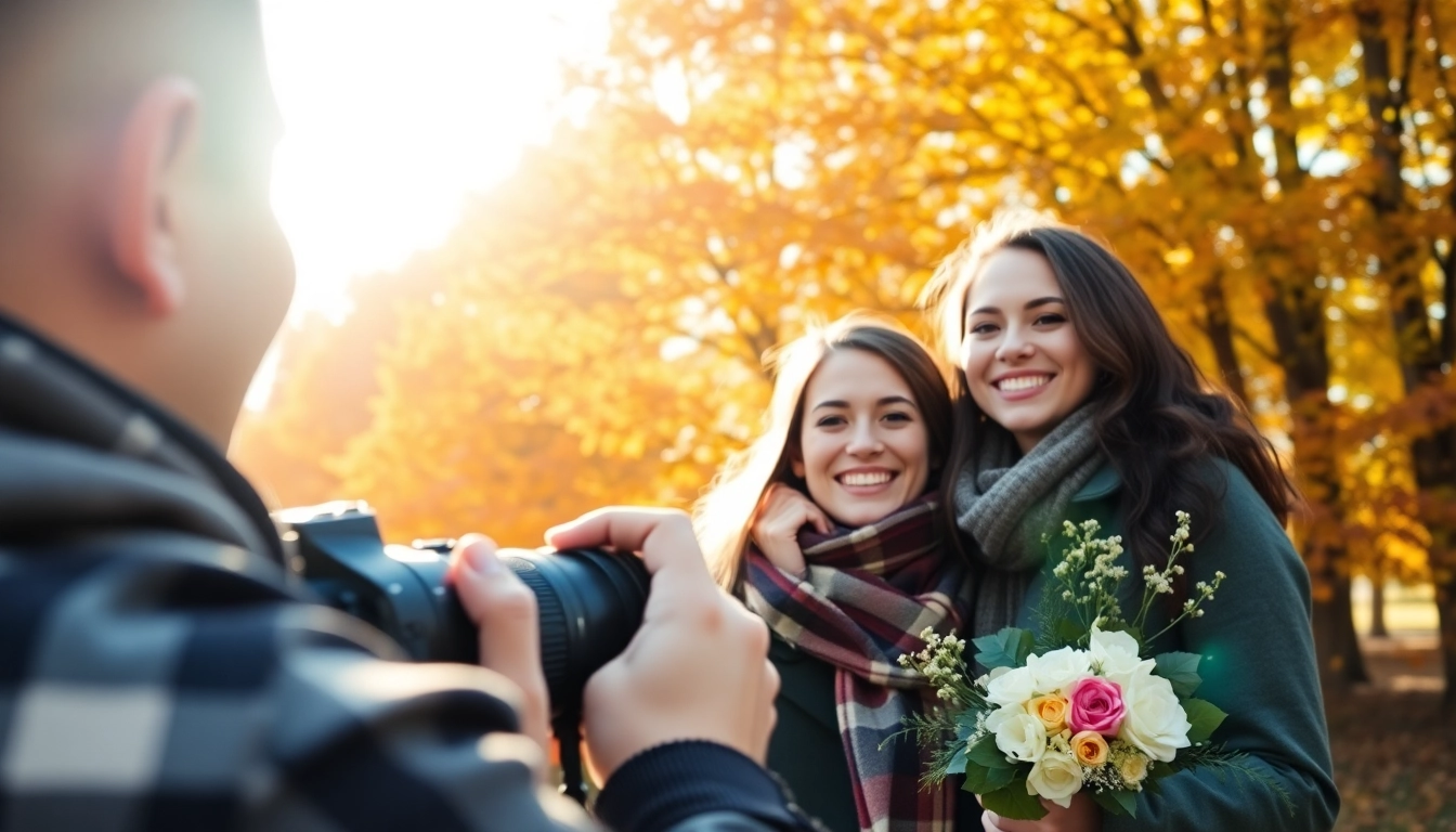 Engaged couple captured by a photography company Edmonton amidst vibrant autumn foliage.