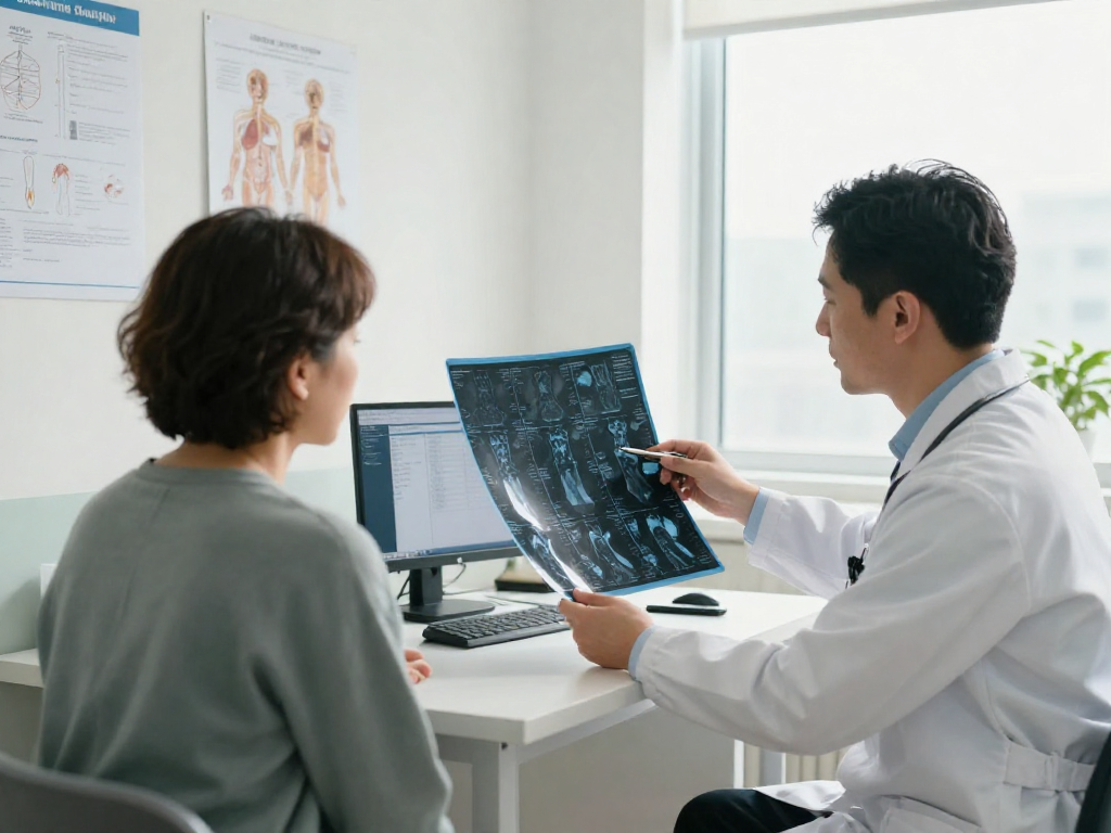 Discussion on Boyun fıtığı ameliyatı between a doctor and a patient in a clinic.