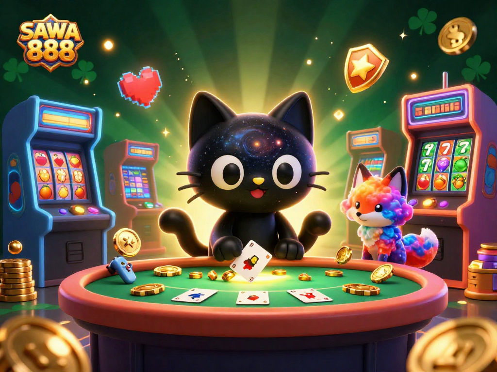 SAWA 888's vibrant casino scene showcasing a black hole cat and colorful fox pulling in chips and cards.