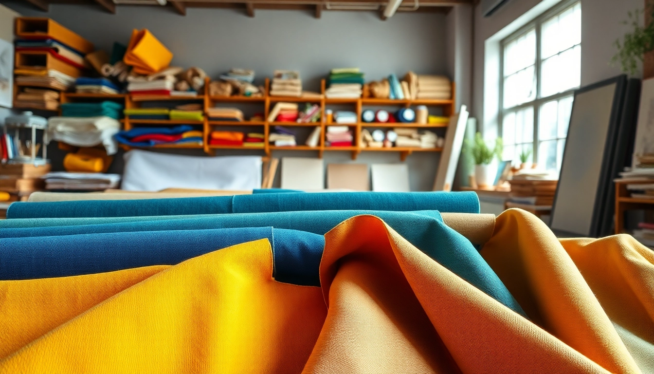 Een kleurrijke selectie van canvasstoffen toont unieke texturen en patronen in een creatieve werkplaats.