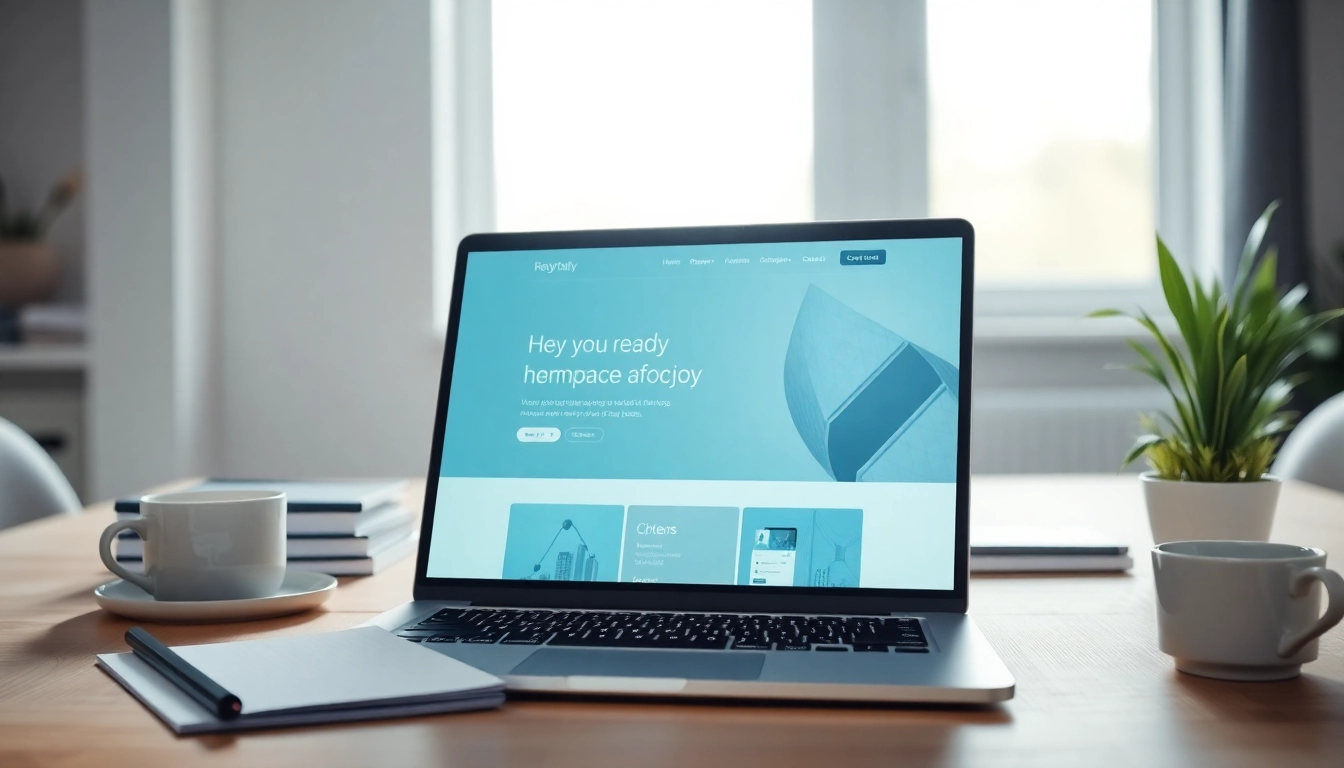 This website showcases a modern web design interface in a professional workspace setting.