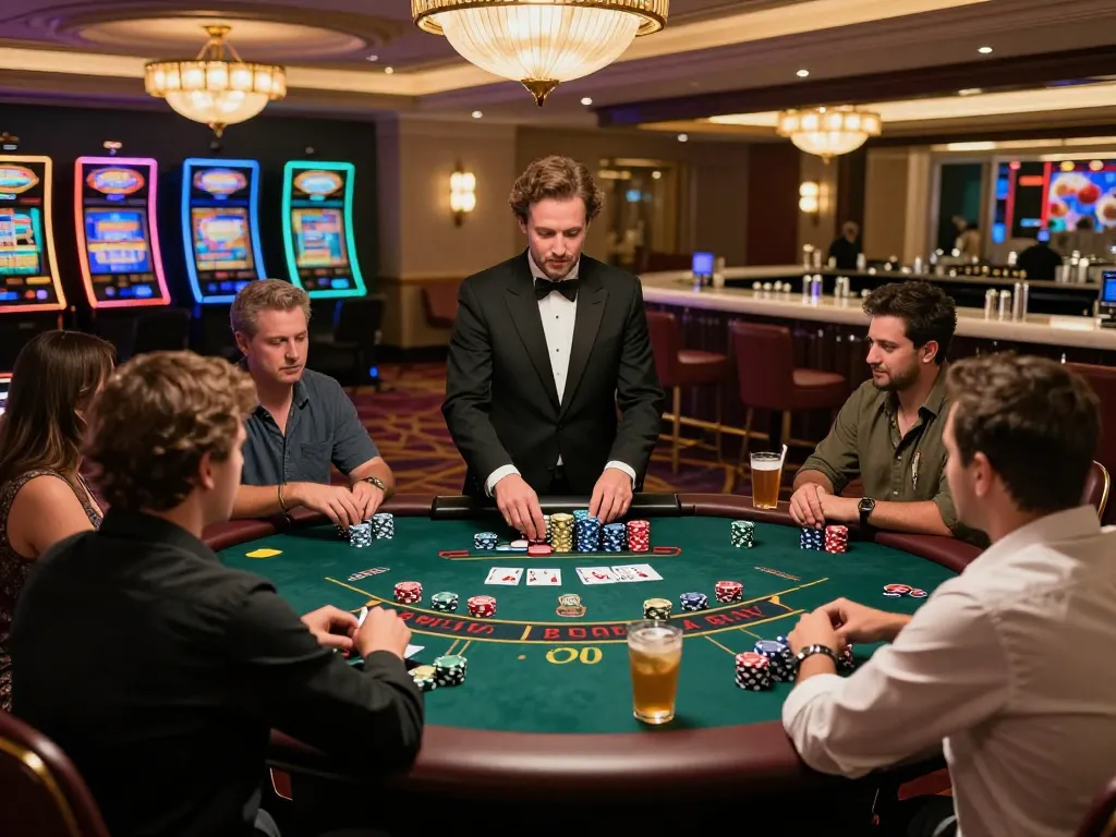 Players enjoying blackjack in upscale casino, showcasing casino stranieri che accettano italiani with vibrant atmosphere and engaging gameplay.