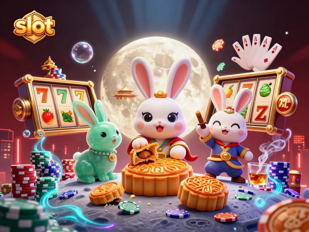 Engage in thrilling slot gameplay with a cartoon-style moon rabbit amidst rich casino elements.