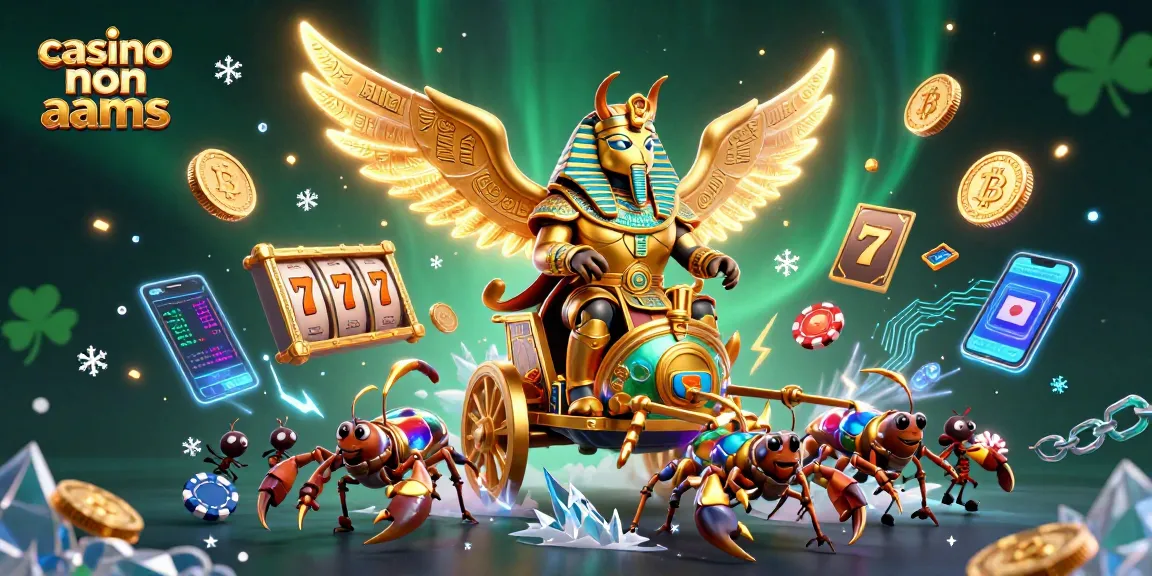Giocando nei casino non AAMS, uno scarabeo d'oro guida una carrozza con simboli della fortuna e monete crypto.
