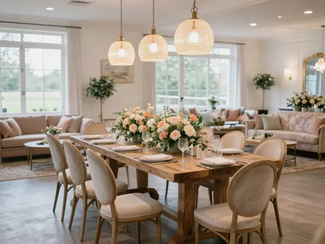 Stunning event furniture rental setup for a wedding reception featuring elegant tables, chairs, and floral decor.