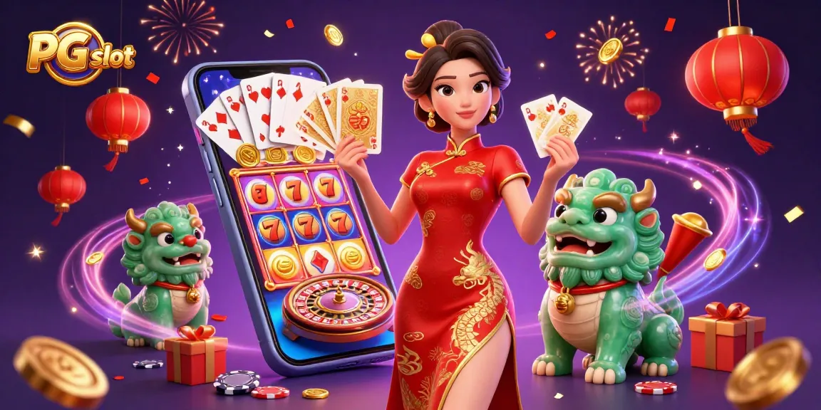 Engage with PG slot thrills in this vibrant 3D scene featuring a woman and game elements.
