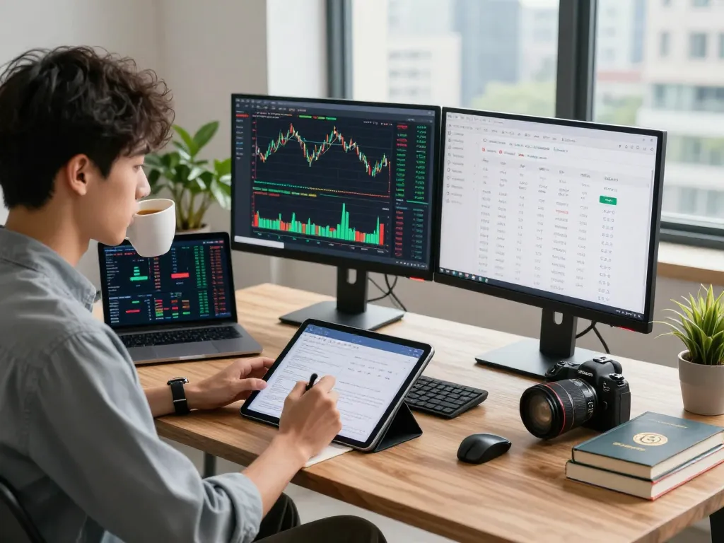 Professional analyzing automated crypto income strategies in a modern workspace with trading charts.