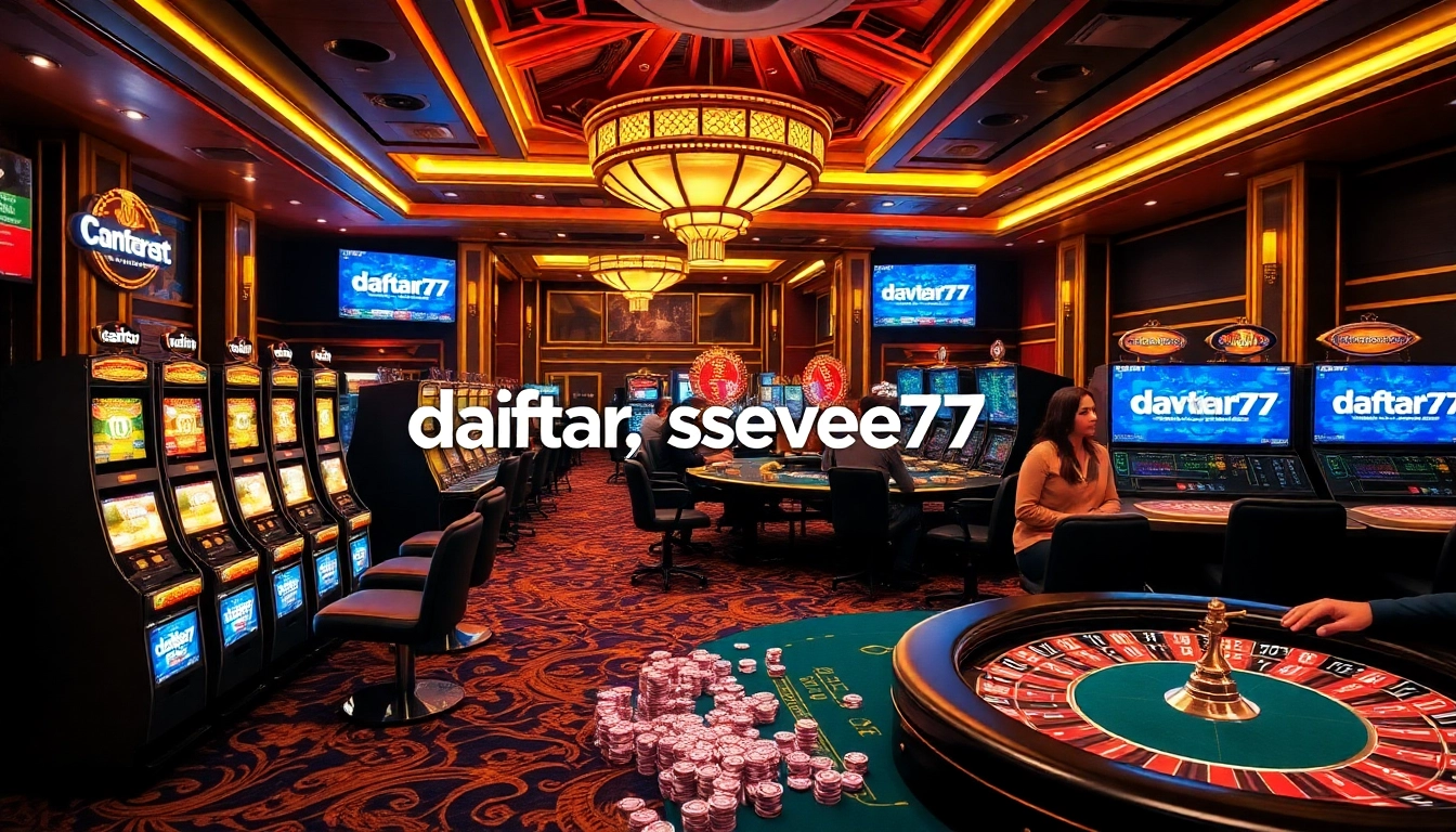 Experience the thrill of daftar seven77 as players engage with luxury casino tables and vibrant slot machines.