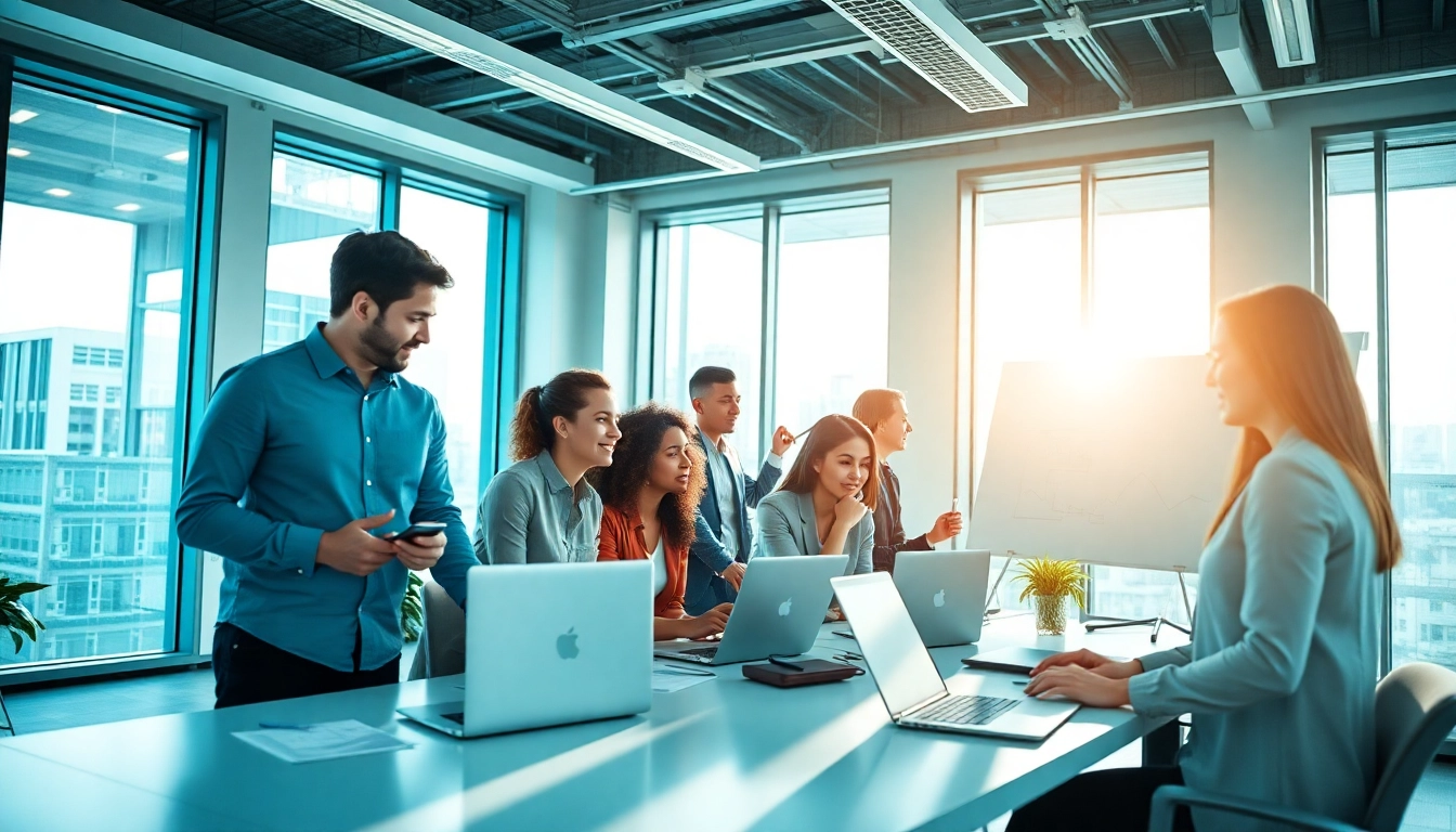 Team collaborating on IT infrastructure services in a modern office environment.