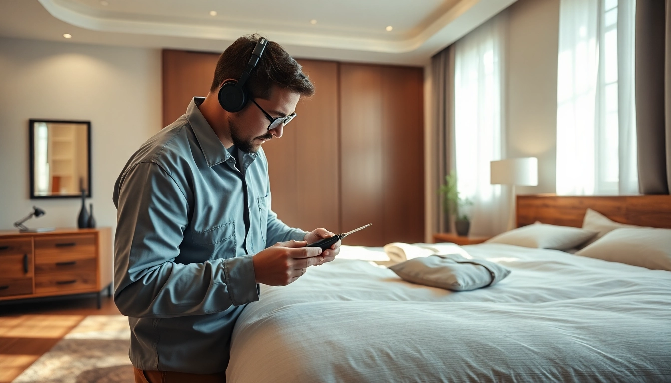 Inspecting for bed bug extermination services in a modern bedroom setting.