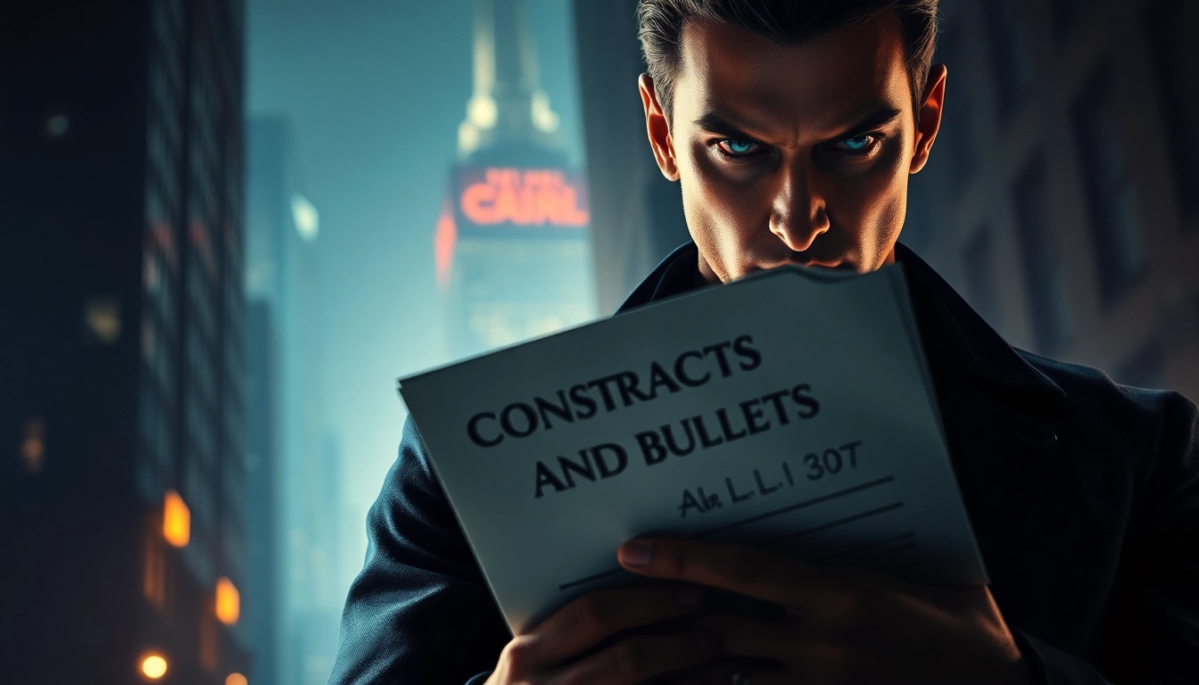 Dynamic portrayal of Contracts and Bullets showcasing an assassin's intense concentration and determination.
