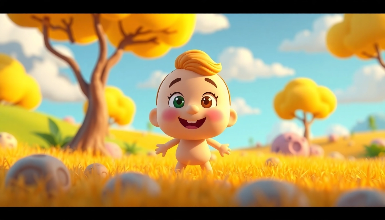 Gestalte eine kreative 2D Animation mit einem fantasievollen Charakter in einer bunten Landschaft.