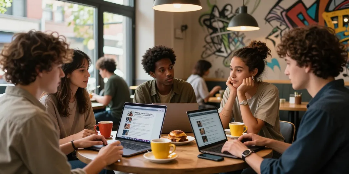 Group discussing NSFW content norms in a cozy coffee shop.