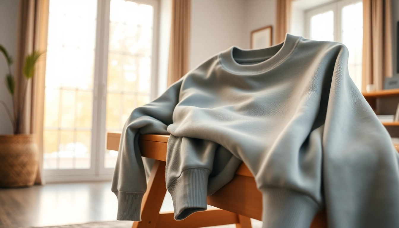 Stylish crew neck sweatshirt showcased on a wooden bench with a cozy background.
