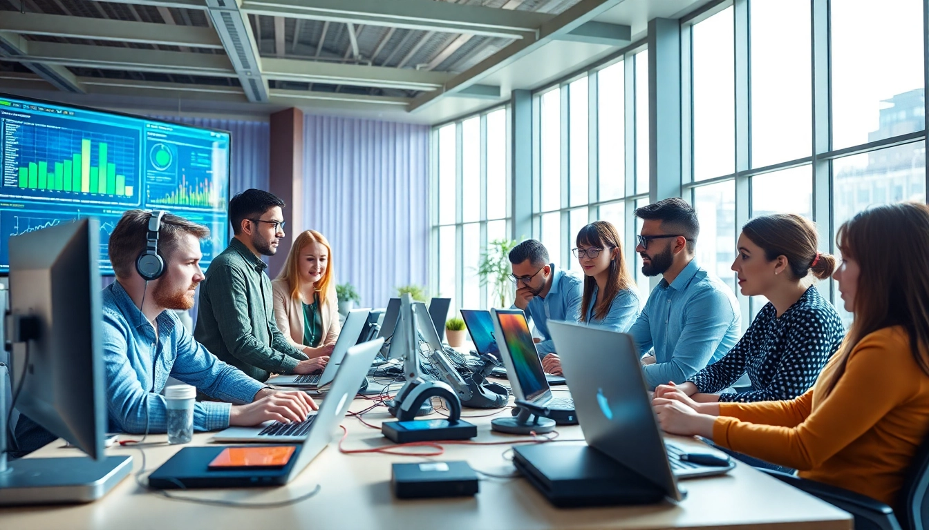 Engaging teamwork in Technology workspace with high-tech tools and vibrant atmosphere.