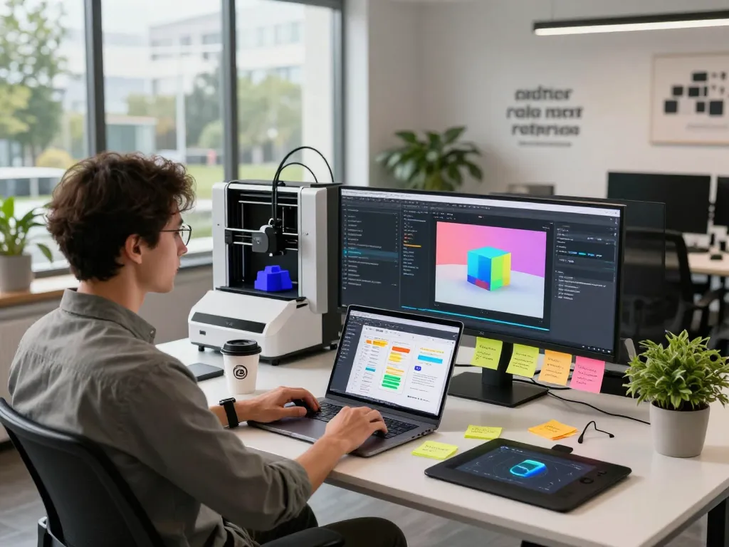 3D product configurator software in a modern workspace with vibrant models and coding.