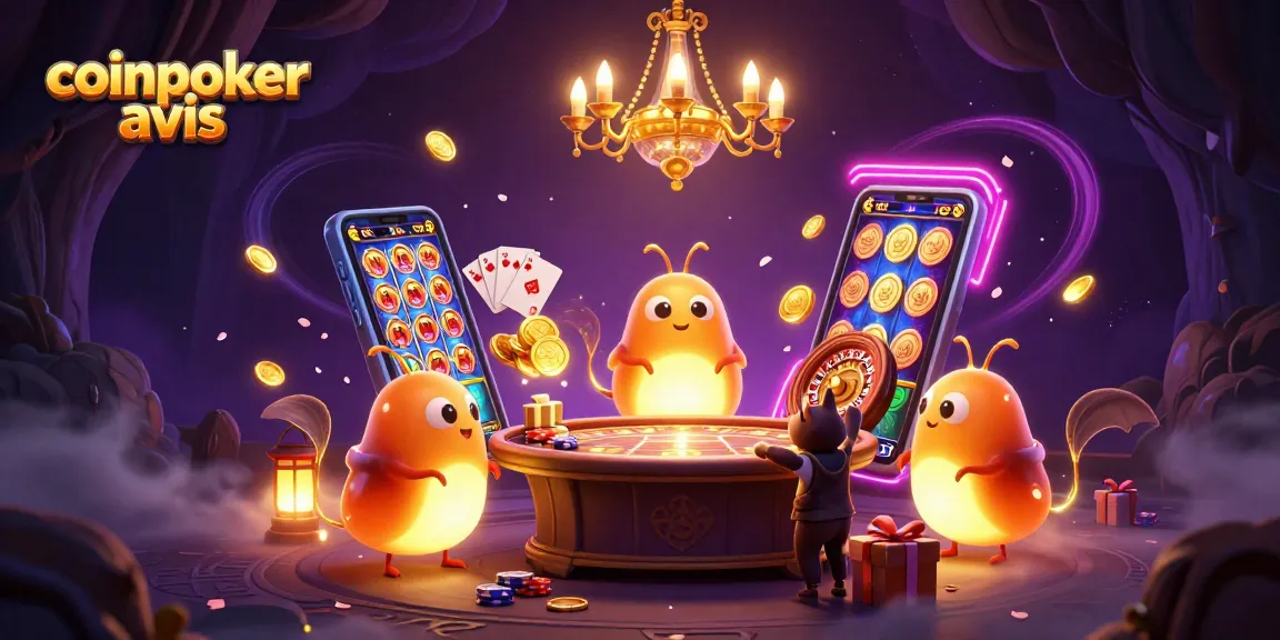 CoinPoker avis : découvrez une illustration lumineuse d'un casino animé avec des lucioles et un dealer chauve-souris.