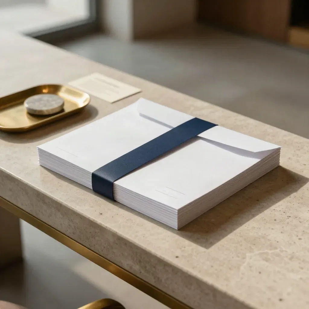 Letterhead bundle, envelopes and notepad on stone ledge beside brass tray in soft morning lobby light