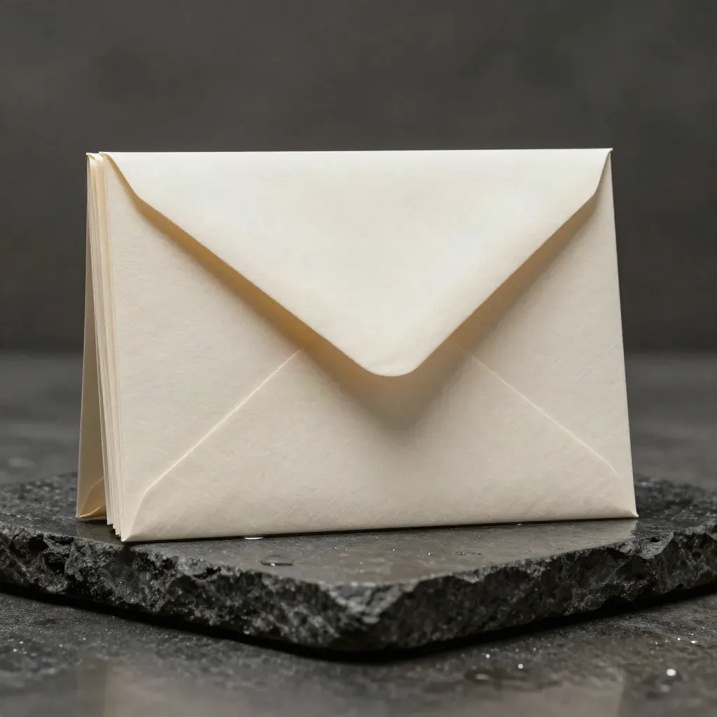 Ivory envelope bundle on wet charcoal stone with a reflective sheen