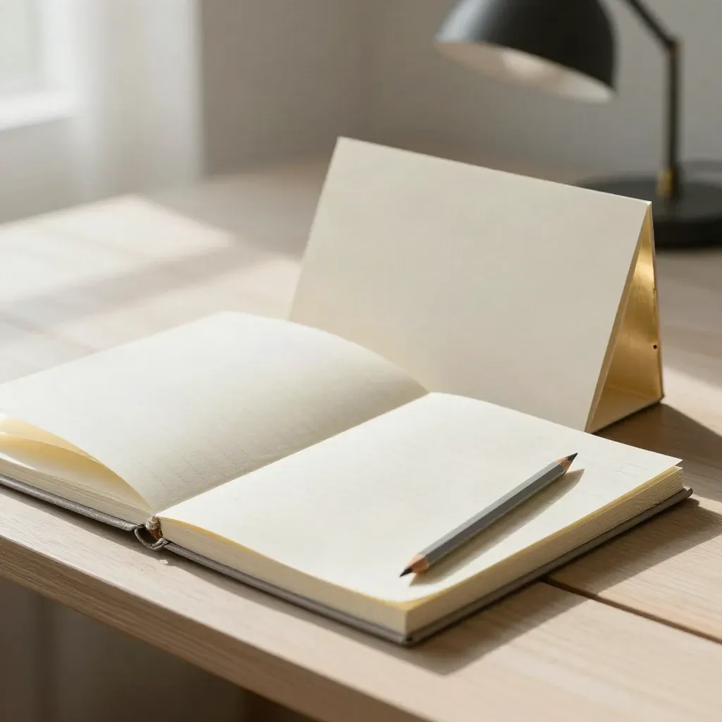 Three ivory-wrapped notepads with pencil stub and linen folder on pale wood, softly lit.