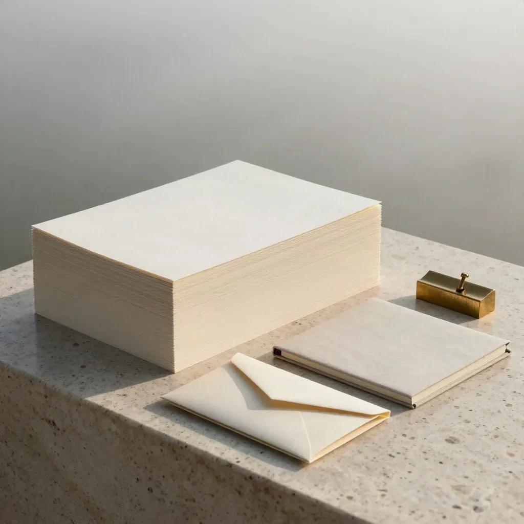 Luxury letterhead paper stack with envelopes, brass paperweight, and sample sleeve on travertine.