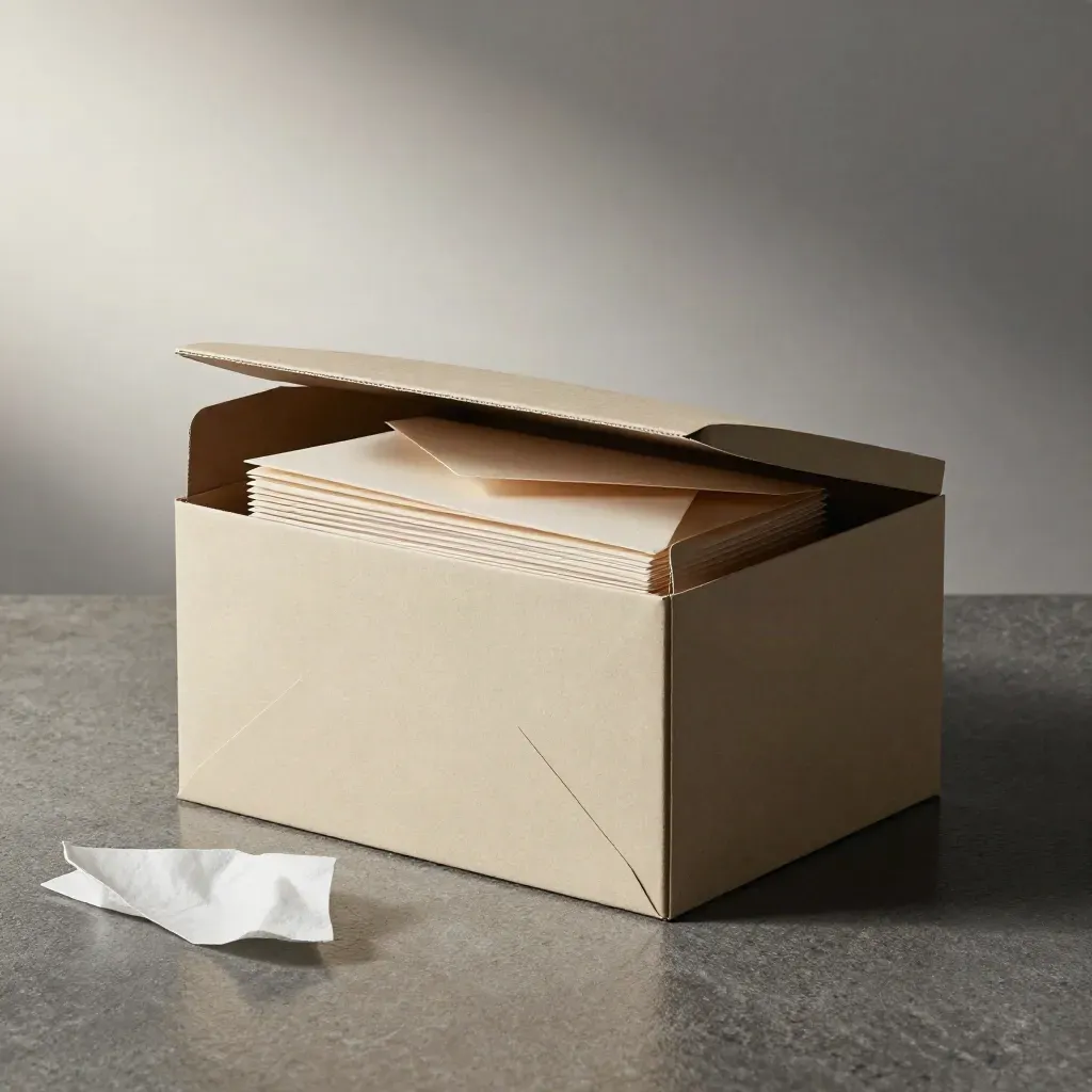Opened mailer box with envelope stack and tissue wrap on brushed stone, dramatic studio light.