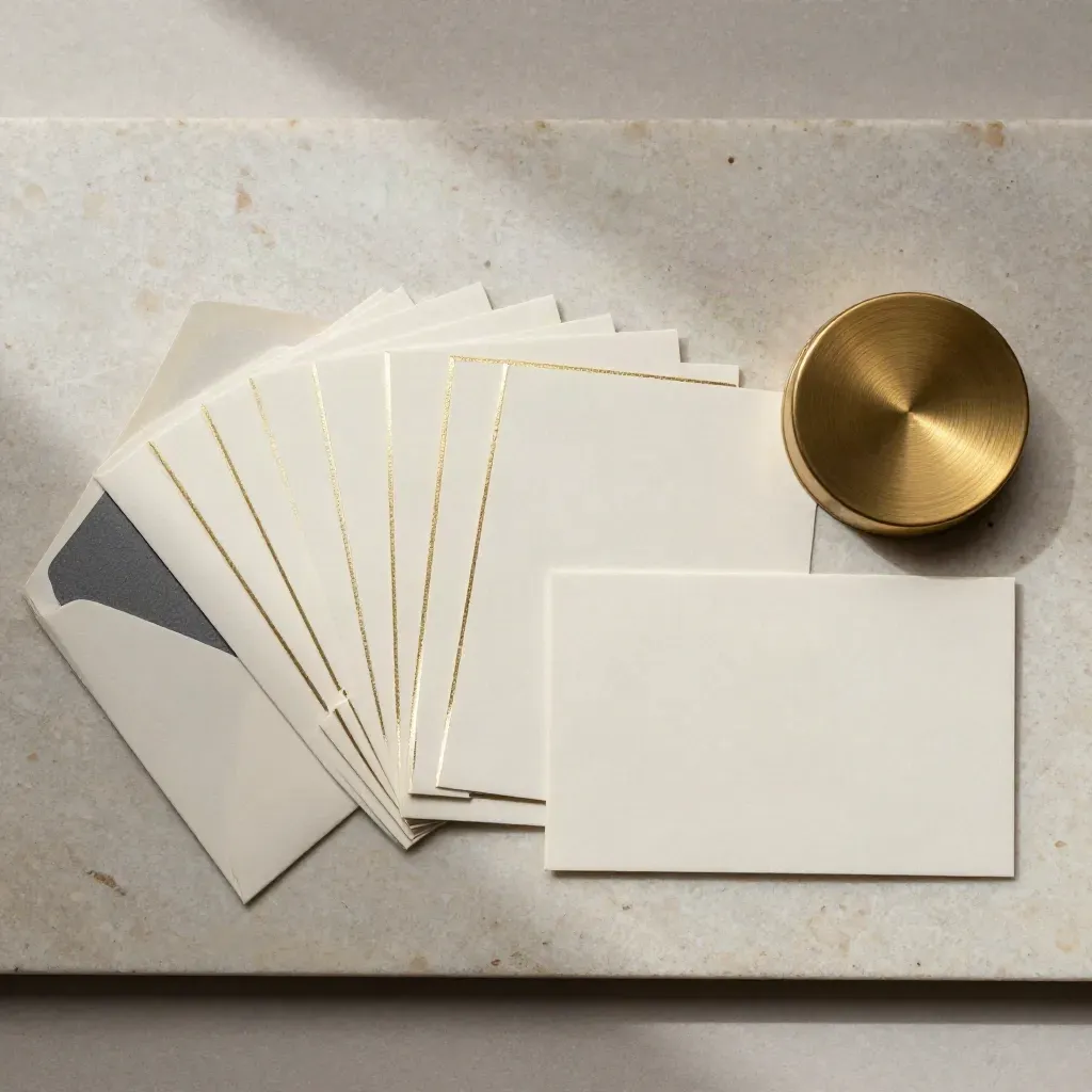 Foil monogram cards fanned with liners and a brass paperweight on pale stone.