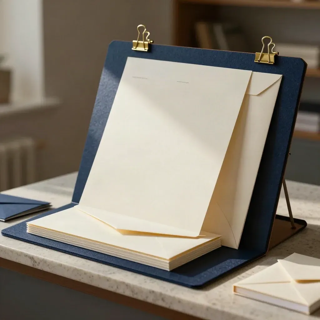 Stationery bundle on navy felt with letterhead, envelopes and notepad, lit like a premium campaign.