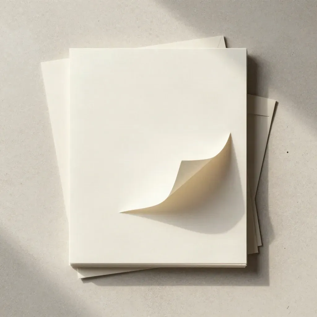 Overhead flatlay of cotton A4 sheets with a curling top page and envelope on pale stone