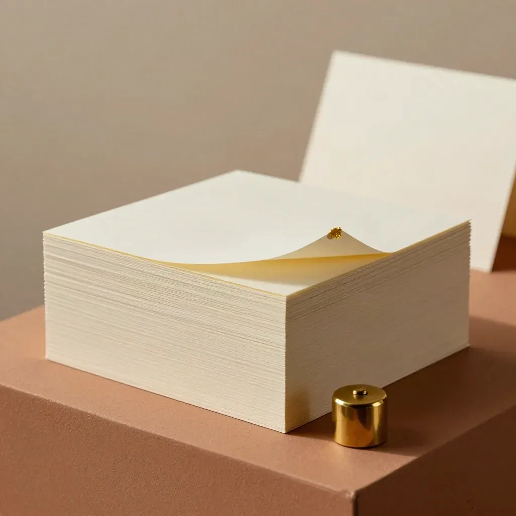 Foil-edged notepad stack with brass weight on a terracotta plinth, softly lit in a studio.
