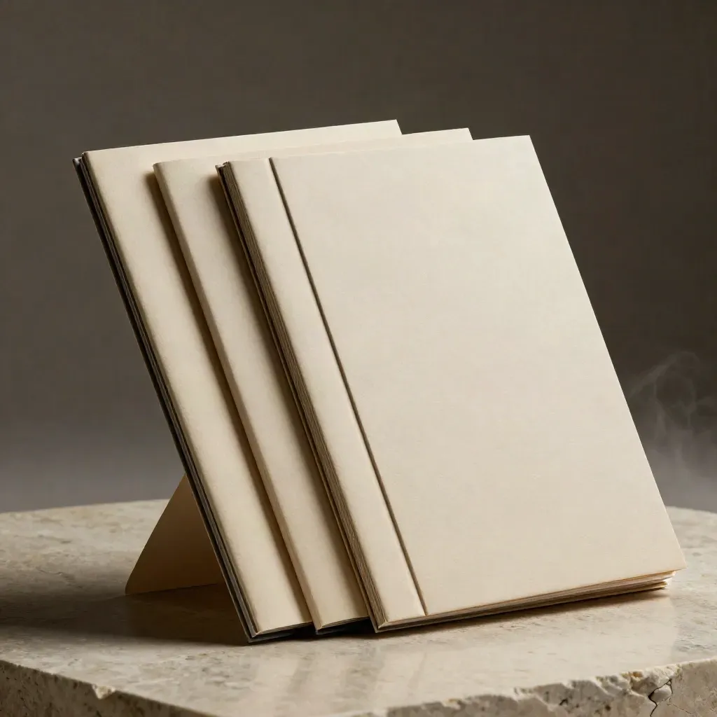 Ivory presentation folders and a matching sleeve splayed on pale stone under dramatic studio light