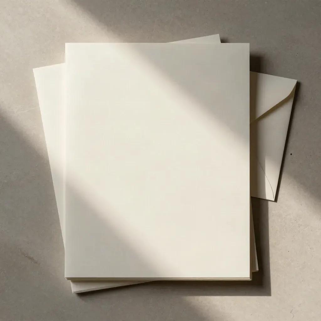 Overhead letterhead pack with watermark sheet, envelope behind, on warm stone