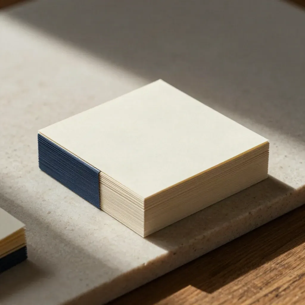 Top-down stack of blank note cards with a navy strip on a pale stone surface.
