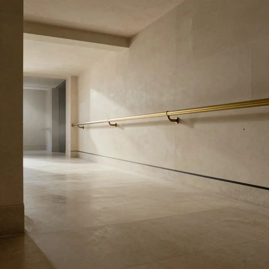 Sunlit limestone corridor with brass rail and calm stone floor, bright doorway beyond.