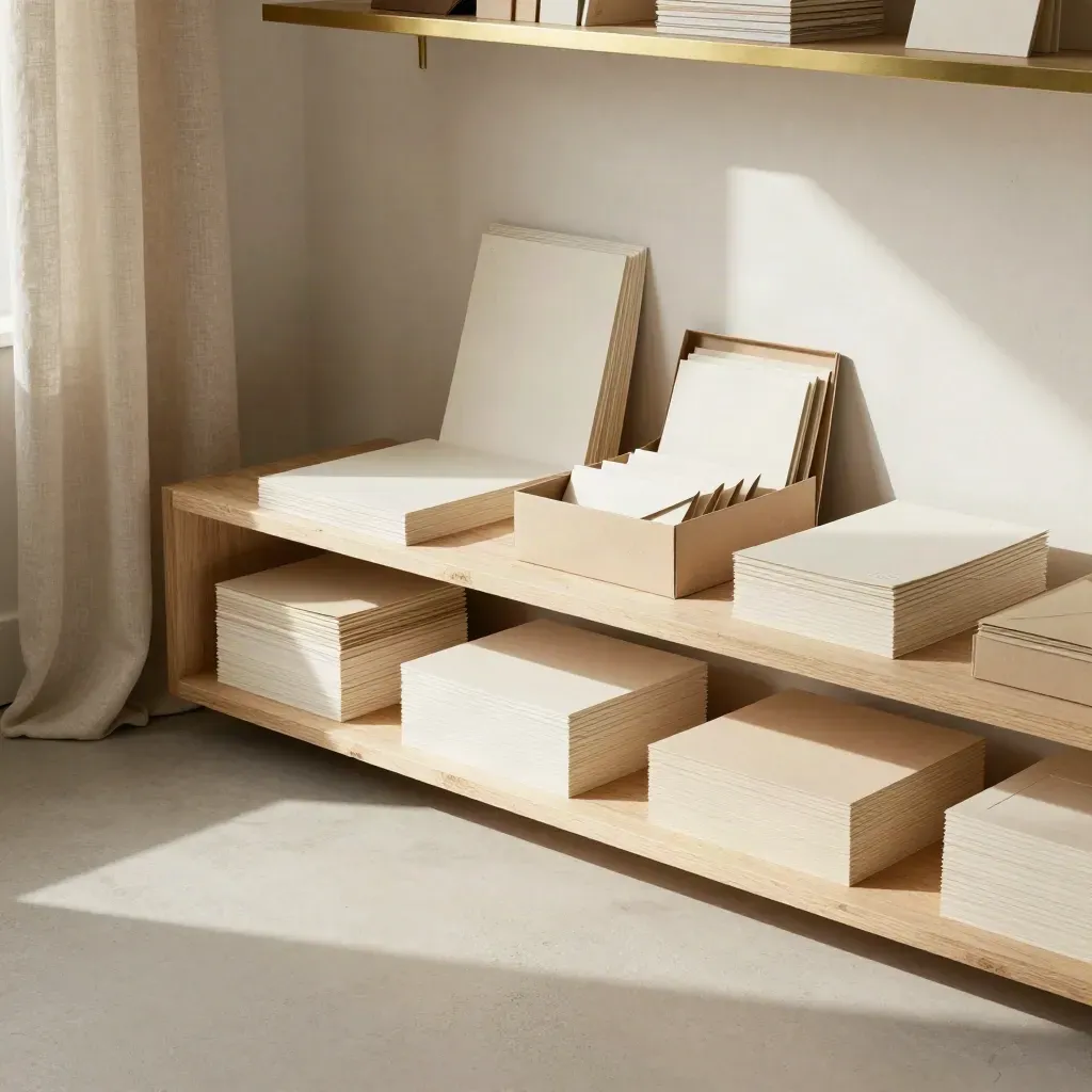 Premium letterhead paper stacks and envelopes on pale shelving in a sunlit studio corner.